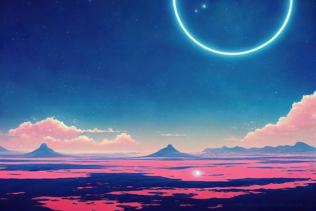 A planet with a pink background and a planet with the sun in the distance