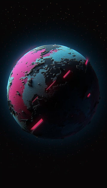 A planet with pink and blue lights and a black planet in the background.