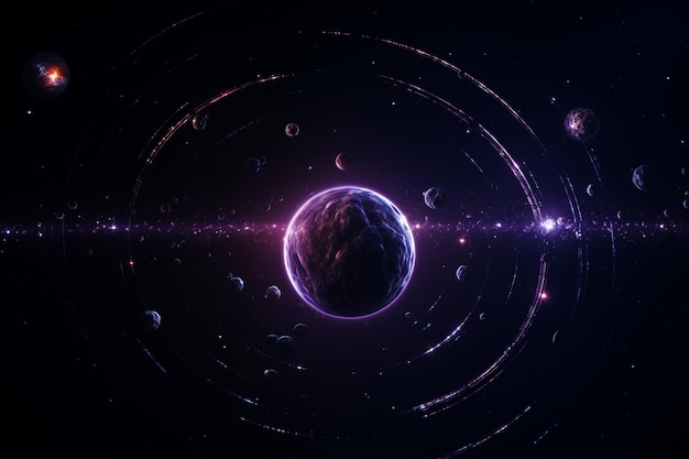 紫色の背景と中央に「地球」の文字がある惑星。