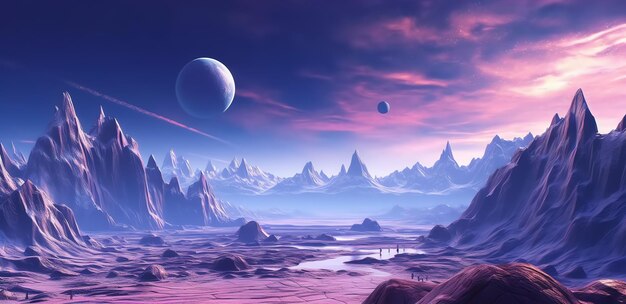Premium Photo | A planet with a purple sky and two planets in the background.