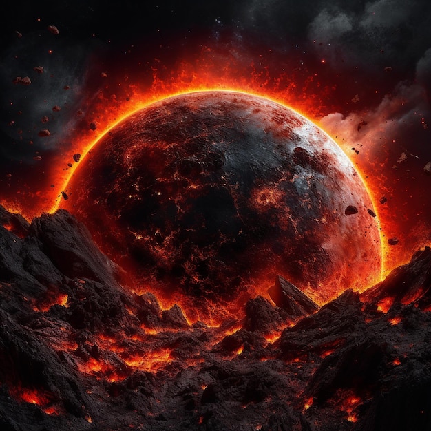 A planet with a red fire and a black background with a red fireball in the center.