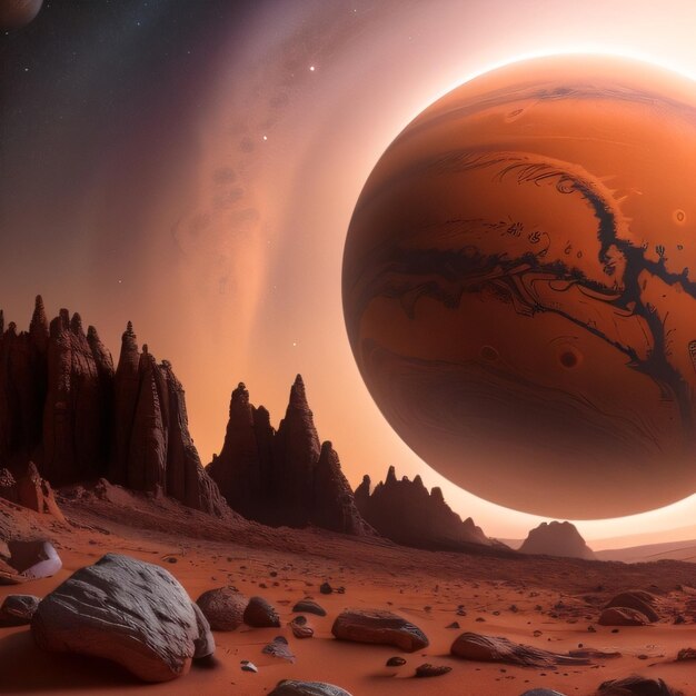 Planet with a red planet and mountains in the background