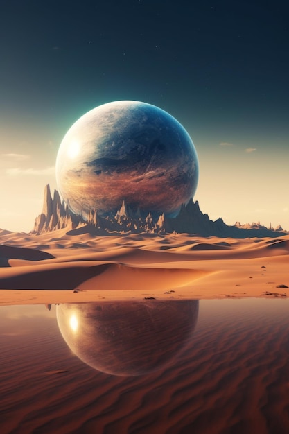 A planet with sand dunes and desert in the background
