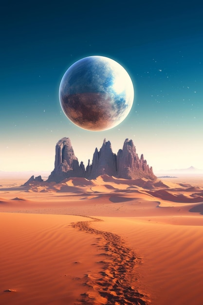 A planet with sand dunes and desert in the background