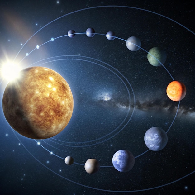 太陽と惑星が背景にある惑星