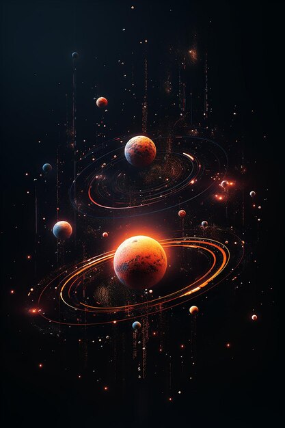 The planetary system is displayed on a dark background in the style of futuristic