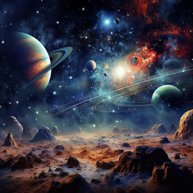 planeten aan de hemel met een rotsachtig landschap en een verre sterrenveld generatieve ai