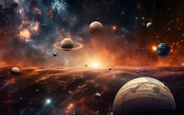 Planeten en sterren in een ruimte met een nevel op de achtergrond