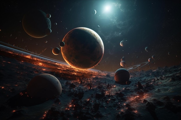 Planeten in de ruimte met een stad op de achtergrond