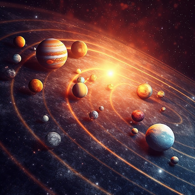 Foto planeten in het universum met de zon en de sterren