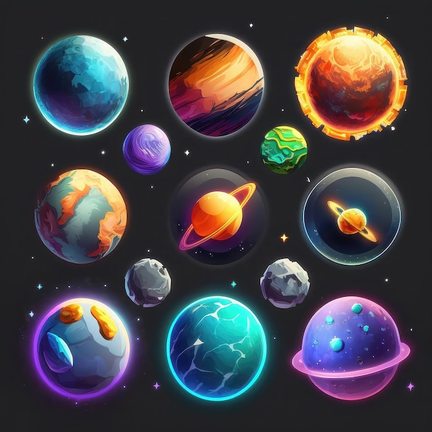 Planeten, ruimte, sterrenstelsel, AI-generated design, fantasie, zon, hemel, wereld, spel, wetenschap, planeet, ruimte, galaxy, illustratie.