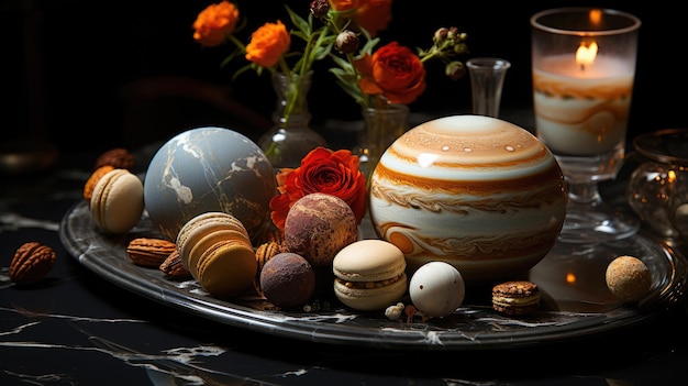 planets are served for dinner on checkered marble Generative Ai