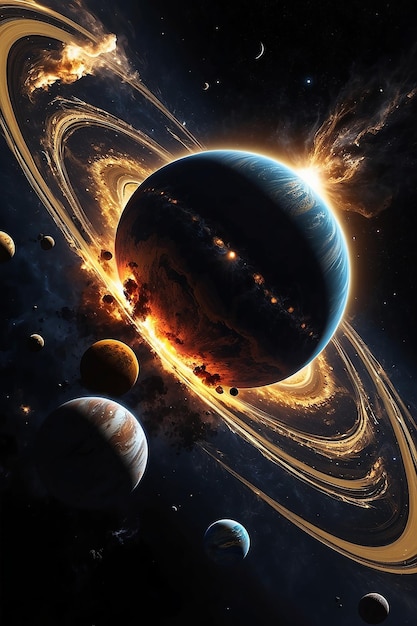 Photo planets collision epic electronic powerfull black ehit and gold clours