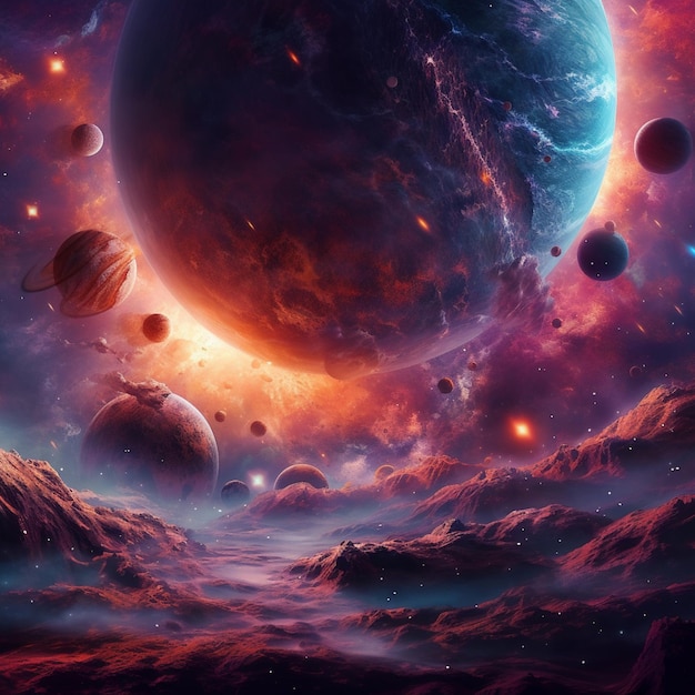 Planets in a colorful sky with a mountain and a distant planet generative ai