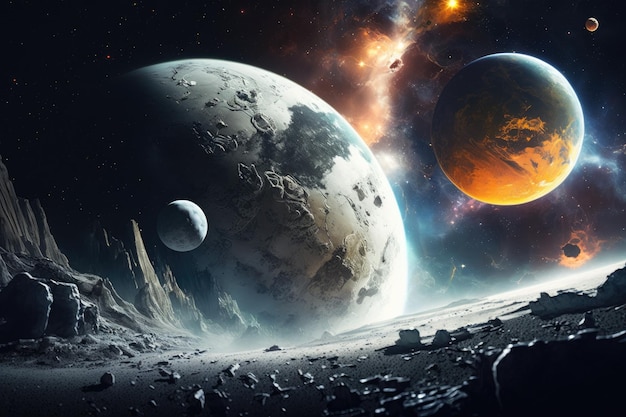 Planets and the moon in space