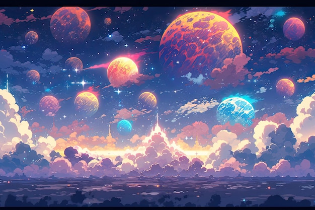 Planets and nebula background in pixel art style Space galaxy cosmos