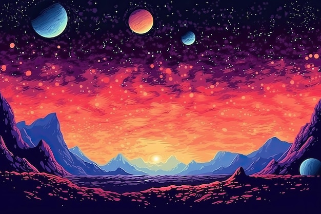 Planets and nebula background in pixel art style