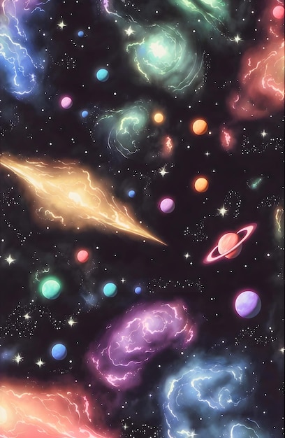 Planets in retro poster style dark galaxy cosmic illustration