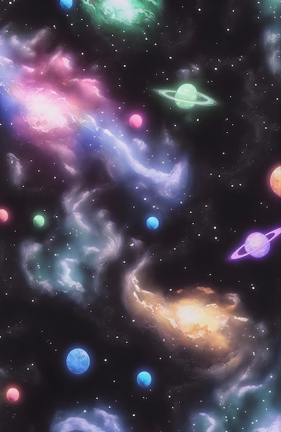 Planets in retro poster style dark galaxy cosmic illustration