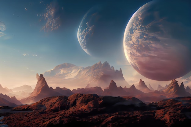 Planets in the sky with mountains in the background