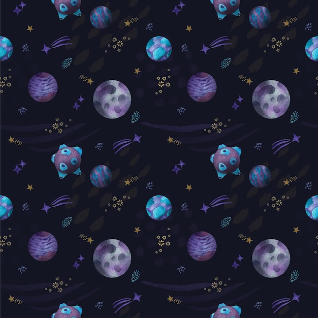 Planets in space watercolor pattern on black background