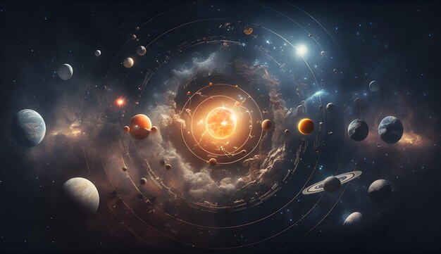 Planets in a space with a cloud and the sun