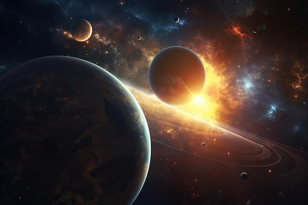 宇宙探査の美しさを示す宇宙空間の惑星星と銀河 AI が生成した惑星系と星のある空間