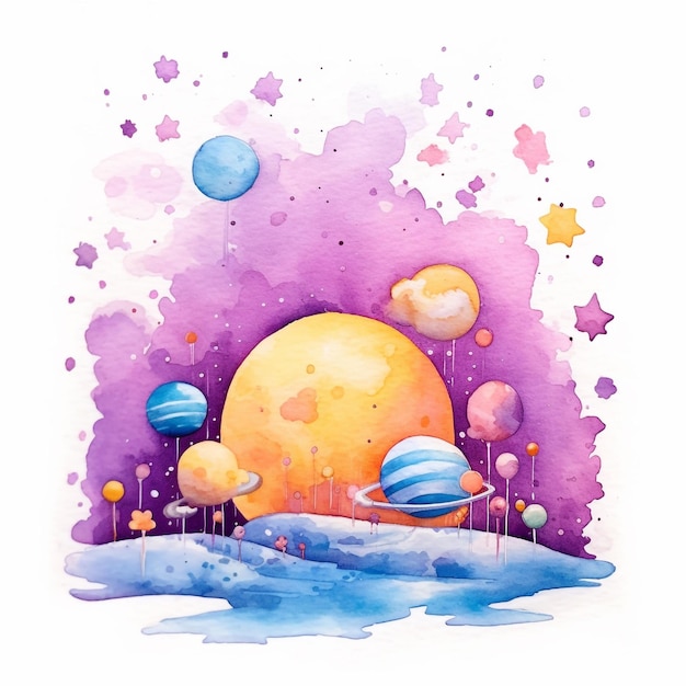 Planets in a watercolor style.