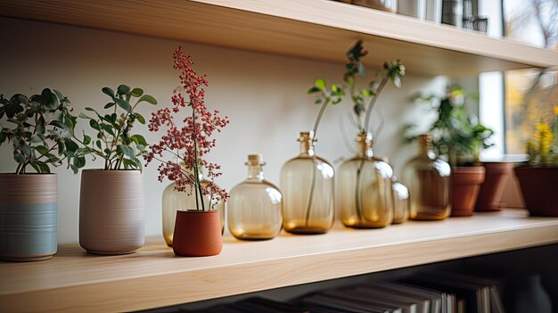 Plank met bloemen en gereedschap in de keuken gegenereerd door AI