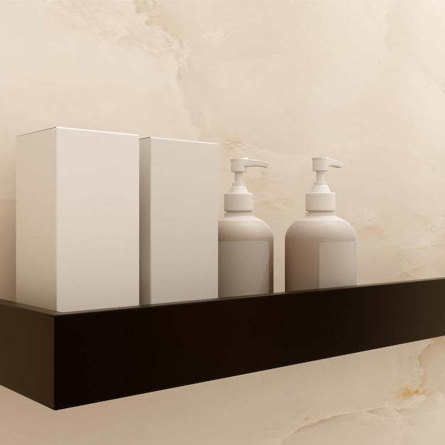 Plank met cosmetica voor verzorging, mockup. 3D-rendering