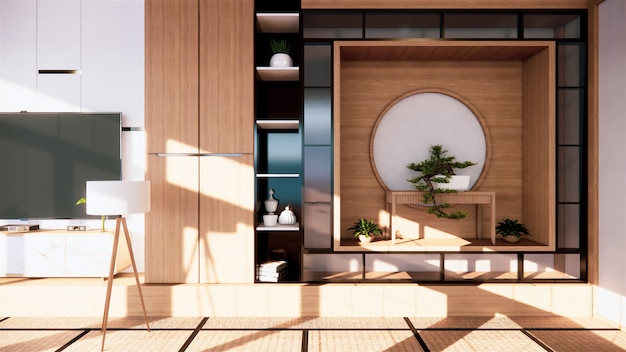 Plank muur ontwerp zen interieur van woonkamer Japanse stijl. 3D-weergave