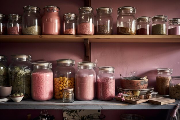 Plank van glazen potten op een roze achtergrond textuur van containers met specerijen ai generatieve