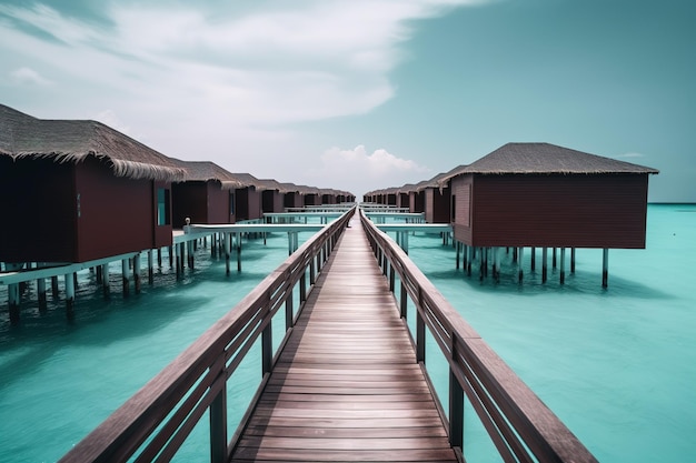 a plank walkway that leads to a collection of floating cabins