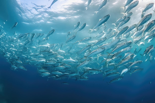 写真 生成aiで作った透き通った海水に泳ぐプランクトンと魚の群れ