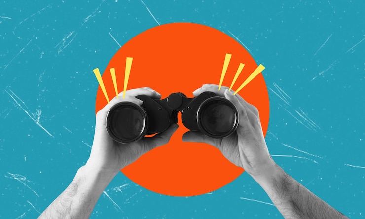 Photo planning and analytics art collage hands holding binoculars on blue background with orange circle