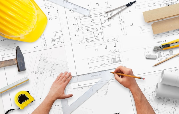 Планирование строительства дома Рабочий стол с аксессуарами для архитекторов и рабочих