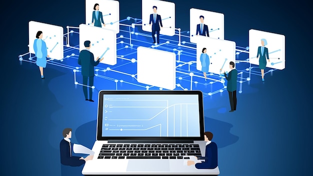 planning and implementation business people use laptop 3d illustration