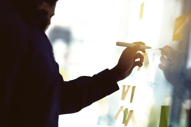 Foto la pianificazione è fondamentale foto ritagliata di un uomo d'affari che scrive note su una parete di vetro in un ufficio