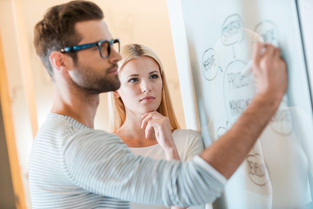 Planning is a key to success. Confident young man sketching on whiteboard while woman standing close to him and holding hand on chin