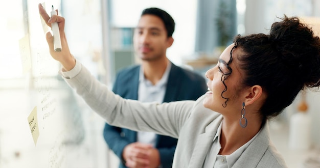 Planning strategy and business people writing on glass moodboard in office for brainstorming agenda or schedule Creative agency man and woman in design problem solving together and mindmap idea