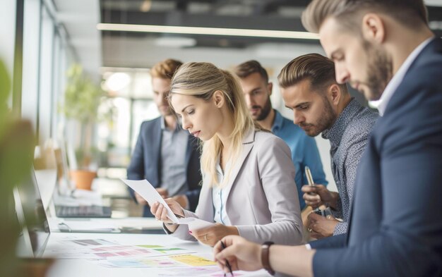 Planning van de werkplaats Bijbehorende profiel van zakenlieden die lijmbiljetten lezen