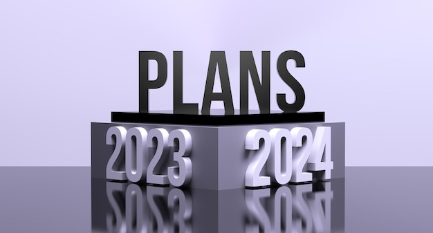 Piani 20232024 concetto parola sullo sfondo del podio banner motivazionale  piano per il 2023 e 2024 anni di calendario 3d render