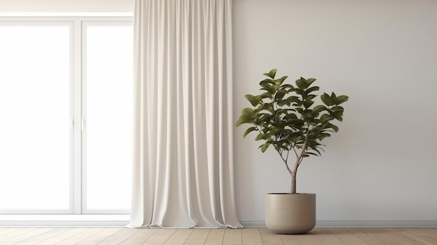 Plant against a white wall mockup White wall mockup brown curtain plant and wood floor Generative AI