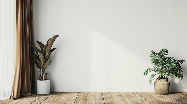 Plant against a white wall mockup White wall mockup with brown curtain plant wood Generative Ai