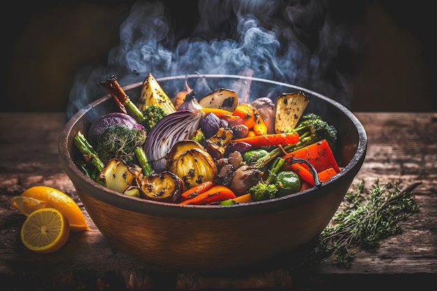 구운 야채 비건 음식 사진을 사용한 식물 기반 요리. 고품질 이미지 쇼케이스