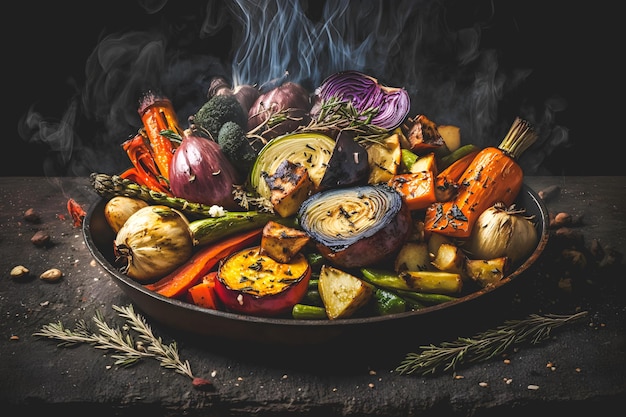 구운 야채 비건 음식 사진을 사용한 식물 기반 요리. 고품질 이미지 쇼케이스