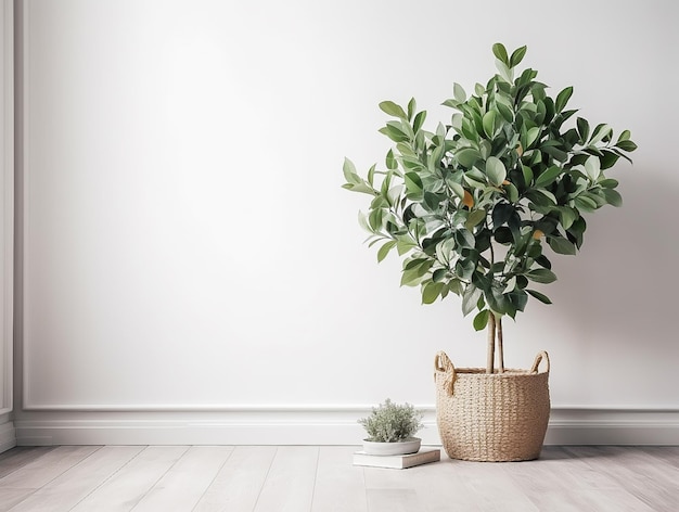 A plant in a basket sits on a white floor in a room with a white wall.