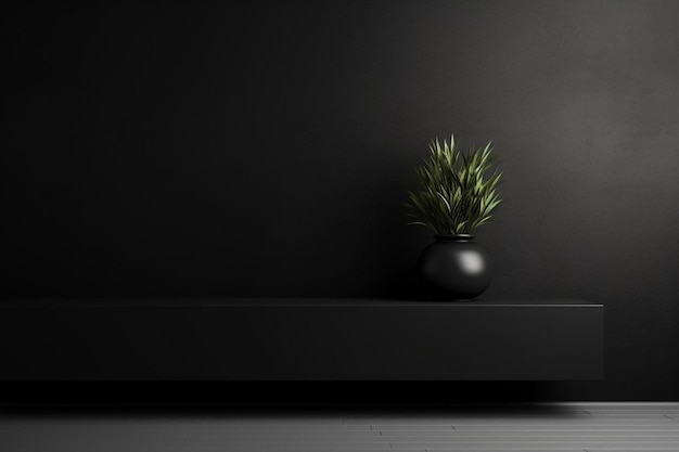 a plant on a black shelf with a black background