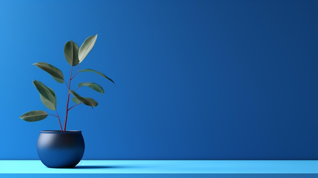 A plant in a blue pot on a blue table against a blue