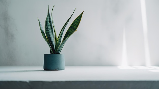 A plant in a blue pot sits on a white shelf.